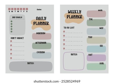 Modern collection of daily weekly planner printable template with colorfull ellements. Collection of note paper, to do list, stickers templates. Blank notebook page A4