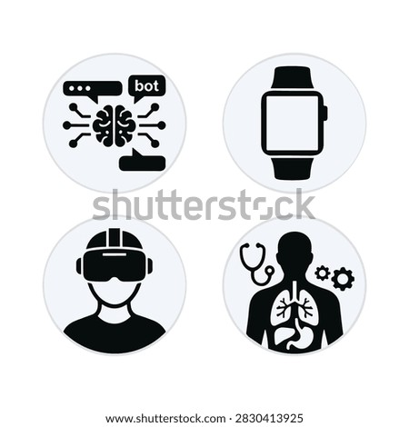 Modern collection of flat design icons illustrating advancements in artificial intelligence. Virtual reality. Wearable technology. And digital healthcare