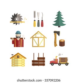 Modern collection of flat style vector icons with different timber industry, woodwork and lumberjack icons. Unique and modern set isolated on background.
