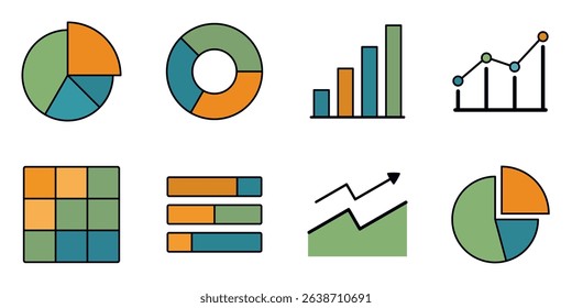 A modern collection of flat-style infographic icons featuring pie charts, bar graphs, line charts, and grid layouts in a green, orange, and teal palette