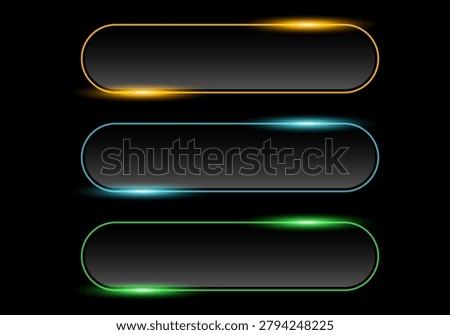 Modern collection of glowing rounded rectangle frames featuring vibrant neon light effects in gold, blue, and green colors. Futuristic UI elements perfect for banners, buttons, gaming interfaces, technology presentations, digital displays, web design, mobile applications, social media graphics, and promotional materials. Elegant illuminated frames isolated on a black background for high visual impact and contemporary design projects.