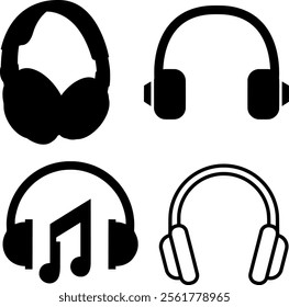 A modern collection of headphone icons in various styles, including solid, outline, and gradient designs with a musical note accent. Perfect for use in music-related projects, podcasts,