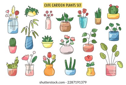 Modern collection of houseplants and flowers in flowerpots. Set of home potted plants and flowers for home interior decor. Vector minimal flowers, vases, blossom and leaves.