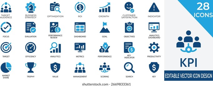 Una colección moderna de KPI e íconos vectoriales de medición de rendimiento para el crecimiento y la estrategia empresarial. Incluye métricas, paneles de análisis e indicadores de productividad.
