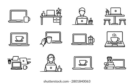 A modern collection of laptop and coffee line icons in a clean vector style. This set features workspace setups, coffee cups, freelance remote work concepts, and digital nomad desk elements. Perfect for business websites, cafe apps, remote work presentations, and productivity blogs. High-quality outlines with editable strokes, isolated on a transparent background.