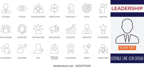 Una colección moderna de íconos de líneas enfocados en el liderazgo, la visión y la gestión estratégica del equipo. Ideal para presentaciones corporativas, plataformas de coaching, desarrollo de negocios y servicios de RRHH.
