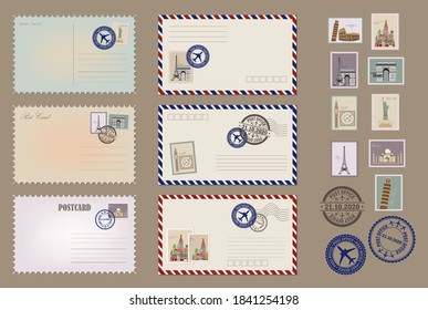 Modern collection of love and friendship letter designs. Vintage postcard designs and postage stamps. Envelopes and postcards set