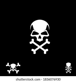 A modern collection of minimalist flat vector logos featuring high-contrast white skulls with crossed bones on a solid black background. This set includes various geometric and abstract skull designs, ranging from classic pirate insignias to modern tactical emblems. Ideal for streetwear branding, gaming mascots, motorcycle club badges, and edgy apparel graphics.