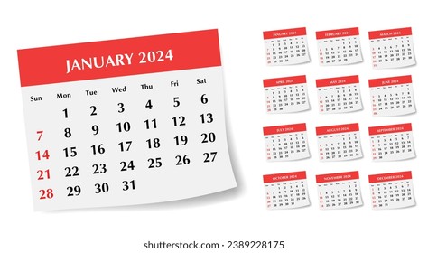 Moderne Kollektion monatlicher Kalender für 2024 Jahr. Vectorset mit stilvollem Design, ideal für Geschäftsplanung und Terminplanung