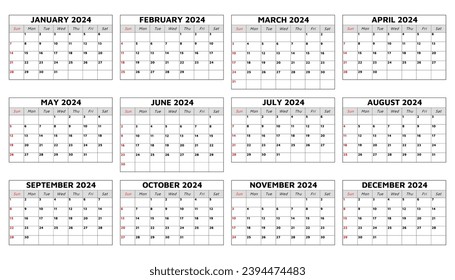 Modern collection of monthly calendars for 2024 year. Vector set with stylish design, perfect for business planning and scheduling