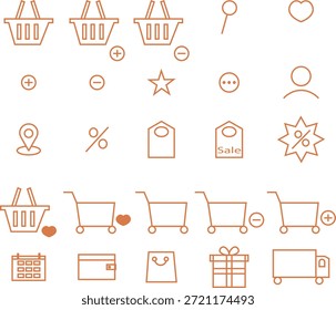 Uma coleção moderna de ícones cor de laranja projetados para interfaces de compras on-line e comércio eletrônico. Inclui carrinhos de compras, cestas, etiquetas, etiquetas de venda, perfis de usuário, caminhões de entrega, cartões de crédito e muito mais. Perfeito para IU, design UX, aplicativos móveis, sites e materiais promocionais.