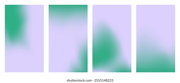 Modern collection of pastel gradient backgrounds in purple, green color. Aesthetic minimal covers with blurry  aura effect. Vector