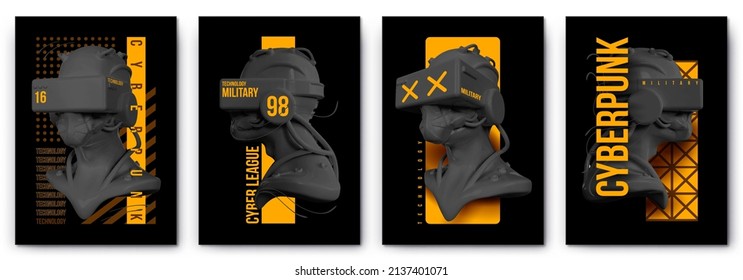 Modern collection of posters cyberpunk yellow military technology in the style of Techno, Rave music and of the future virtual reality with plaster heads. Print t-shirts isolated on black background