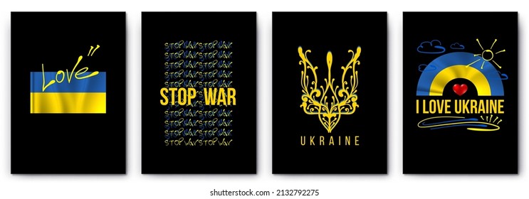 Modern collection of posters flag coat of arms stop war support to love ukraine in the style street art acid. Print for clothing sweatshirts and t-shirts isolated black background