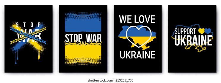 Modern collection of posters flag stop war support to ukraine in the style street art acid. Print for clothing sweatshirts and t-shirts isolated black background