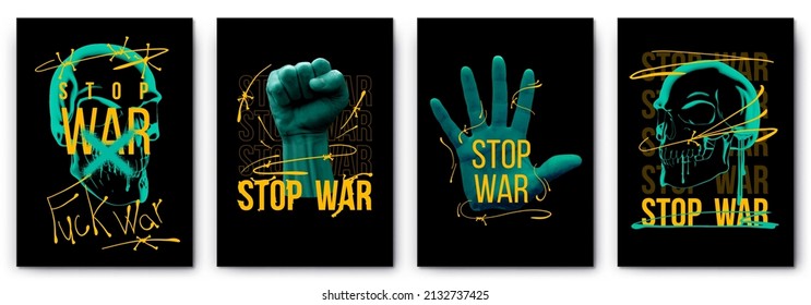 Modern collection of posters flag stop war in the style street art raised fist, palm and skulls acid. Print for clothing sweatshirts and t-shirts isolated black background
