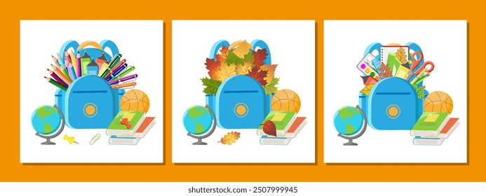 Modern Collection Posters School Supplies in Backpack for kids. Back to School Design, Globe, Books, Ball, Autumn Leaves in Modern Style. Concept school elements for social media, card, sales, website