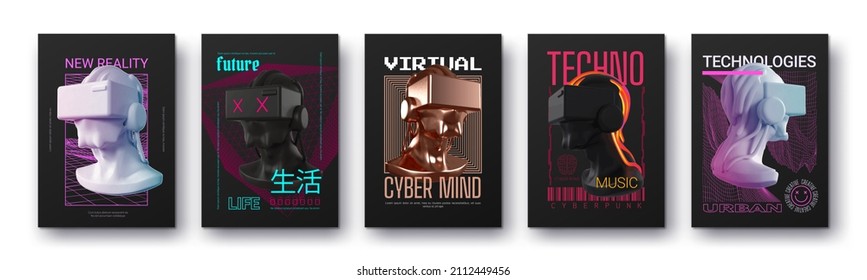 Modern collection of posters in the style of Techno, Rave music and technology of the future virtual reality with plaster heads. Print t-shirts isolated. Hieroglyphics translated mean Lifestyles