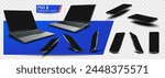Modern collection realistic gadgets on transparent background from different sides. Slim stylish laptop with blank display and smartphones different angles. Stylish models of digital devices