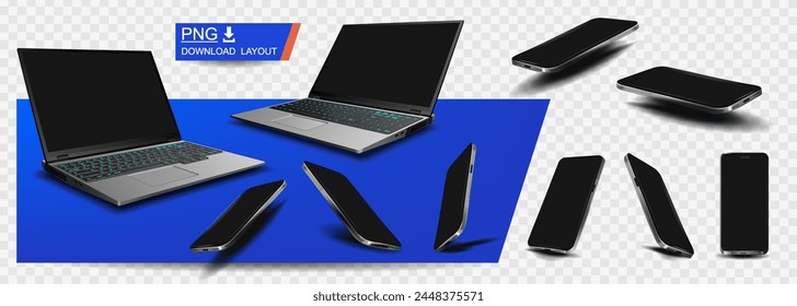 Modern collection realistic gadgets on transparent background from different sides. Slim stylish laptop with blank display and smartphones different angles. Stylish models of digital devices