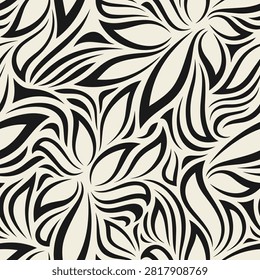 A modern collection of seamless patterns featuring intricate black-and-white abstract swirls, fluid waves, halftone dotted flowers, elegant line-art botanicals, and embroidery-style leaf motifs. Perfect for minimalist wallpapers, contemporary textile prints, elegant packaging, and i8 versatile surface designs.