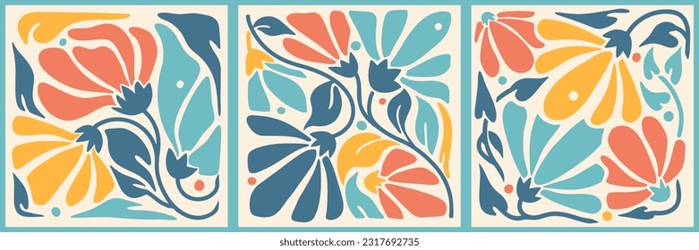 Modern collection of square prints with flowers and leaves. Retro Vector botanical paintings. Contemporary floral trendy style. Muted, Earth tone drawings. Set of Vertical Modern Graphics.