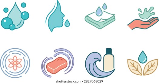 A modern collection of stylized icons symbolizing water, skincare, hygiene, and natural wellness, including droplets, towels, soap, hands, and leaves. Perfect for beauty branding, cleaning product packaging, spa design, and eco-friendly marketing visuals.