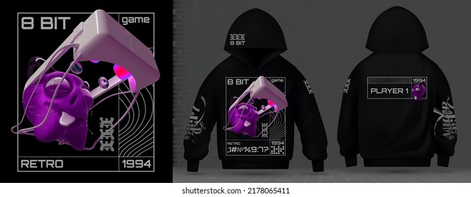 Moderne Kollektion Techno 8 Bit. Monster in einem VR. Acid Drucke, Rave Musik mit Neon 3d realistische psychedelische. Street Art Graffiti Druck für Kleidung, auf der Anordnung eines Sweatshirt mit einem Haube-Vektorgrafik