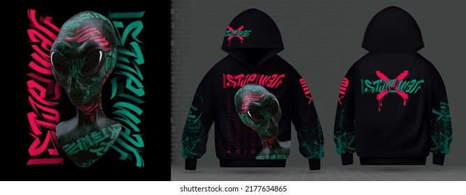 Modern Collection Of Techno Acid Fan Ufo Prints, Stop War, Rave Music With Neon 3d Realistic Alien Psychedelic.Street Art Graffiti Print For Clothes, On The Layout Of A Sweatshirt With A Hood Vector