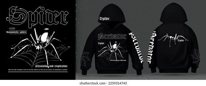 Moderne Kollektion von Techno-Säure Spider Rauschen Stil Rauschen Drucke, Rave Musik 3d realistische psychedelic.Street Art Graffiti Druck für Kleidung, auf der Anordnung eines Sweatshirt mit einer Haube Vektorgrafik