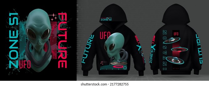 Modern collection of techno acid ufo prints, rave music with neon 3d realistic alien psychedelic spaceships. World UFO Day. Print for clothes, on the layout of a sweatshirt with a hood vector