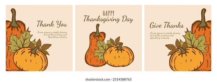 Modern Collection Thanksgiving Card with Pumpkins and Maple Leaves. Trendy posters in hand drawn style and modern fonts. Design Concept for advertising, website, social media, gift, print, marketing.