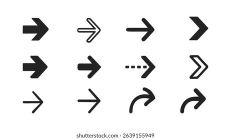 A modern collection of twelve black arrow icons in a variety of flat, outlined, curved, bold, and dashed styles. Perfect for UI design, navigation elements, presentations, infographics, and digital in