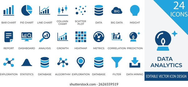 A modern collection of vector icons representing data analytics concepts such as bar charts, dashboards, data mining, and algorithmic analysis.  and business intelligence design needs.