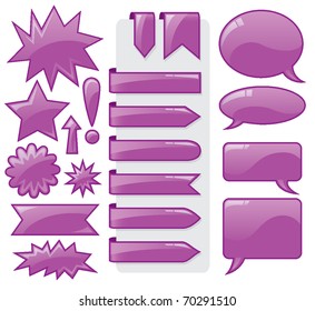 A modern collection of web elements including banners, speech bubbles, menu tabs, and more! Glossy purple theme.