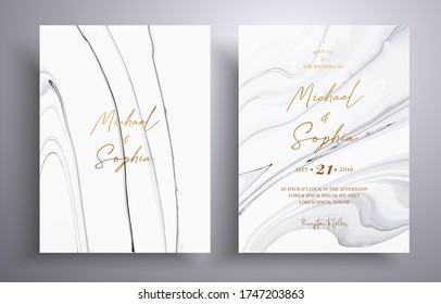 Modern Collection Of Wedding Invitations With Stone Texture. Agate Vector Covers With Marble Effect And Place For Text, Gray, Black And White Colors. Designed For Posters, Brochures And Etc