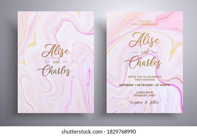 Modern collection of wedding invitations with stone pattern. Mineral vector cards with marble effect and swirling paints, beige, pink and yellow colors. Designed for greeting cards, brochures and etc.