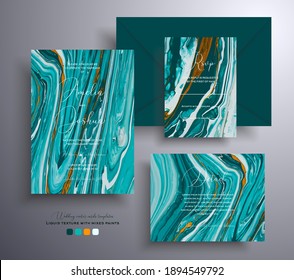Modern collection of wedding invitations with stone pattern. Mineral vector cards with marble effect and swirling paints, turquoise, white and orange colors. Designed for posters, brochures and etc.