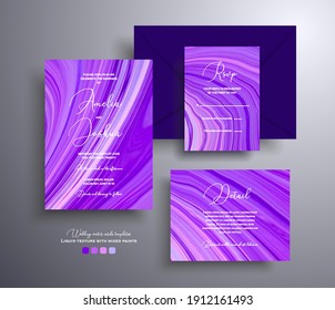 Modern collection of wedding invitations with stone texture. Agate vector cards with marble effect and swirling paints, purple, pink and lilac colors. Designed for greeting cards, packaging and etc.
