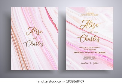 Modern collection of wedding invitations with stone pattern. Agate vector cards with marble effect and swirling paints, beige, brown and white colors. Designed for posters, packaging and etc.