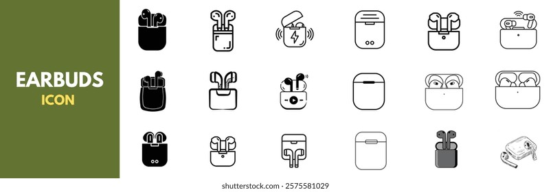 A modern collection of wireless earbud icons featuring various styles and designs of TWS (True Wireless Stereo) earphones. Earbud icon.