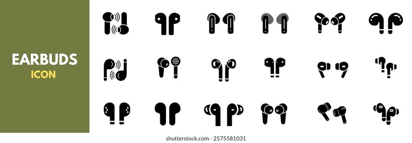 A modern collection of wireless earbud icons featuring various styles and designs of TWS (True Wireless Stereo) earphones. Earbud icon.