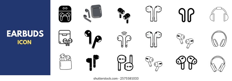 A modern collection of wireless earbud icons featuring various styles and designs of TWS (True Wireless Stereo) earphones. Earbud icon.