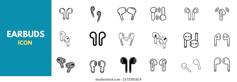 A modern collection of wireless earbud icons featuring various styles and designs of TWS (True Wireless Stereo) earphones. Earbud icon.