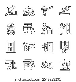 Modern Collection of Woodcrafting Line Icons

