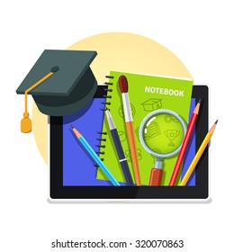 Modern college an university education concept. Student cap on tablet computer with sticking textbook, writing tools and magnifying glass. Flat style vector illustration isolated on white background.