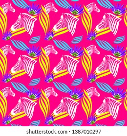 Modern coloful seamless pattern with zebras, flowers and various plants. 