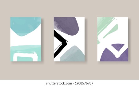 Modern color abstract art background set. Minimalist shape template collection. Set of creative hand painted illustrations for wall decoration, postcard or brochure cover design.