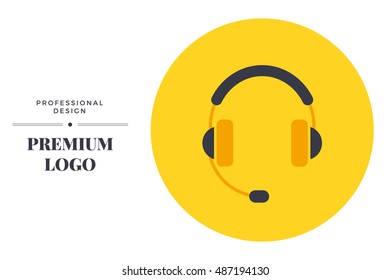 Modern color Call center icon design. Headphones with Microphone, vector round sign template for web page or logo