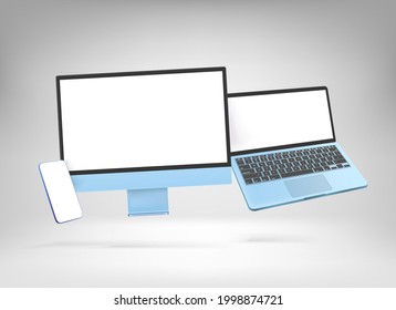 Computadora personal moderna de escritorio en color, laptop y smartphone simulados. Efecto de evitación